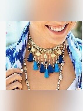 Lilly Pulitzer necklace gold tassles blue navy seashells beach